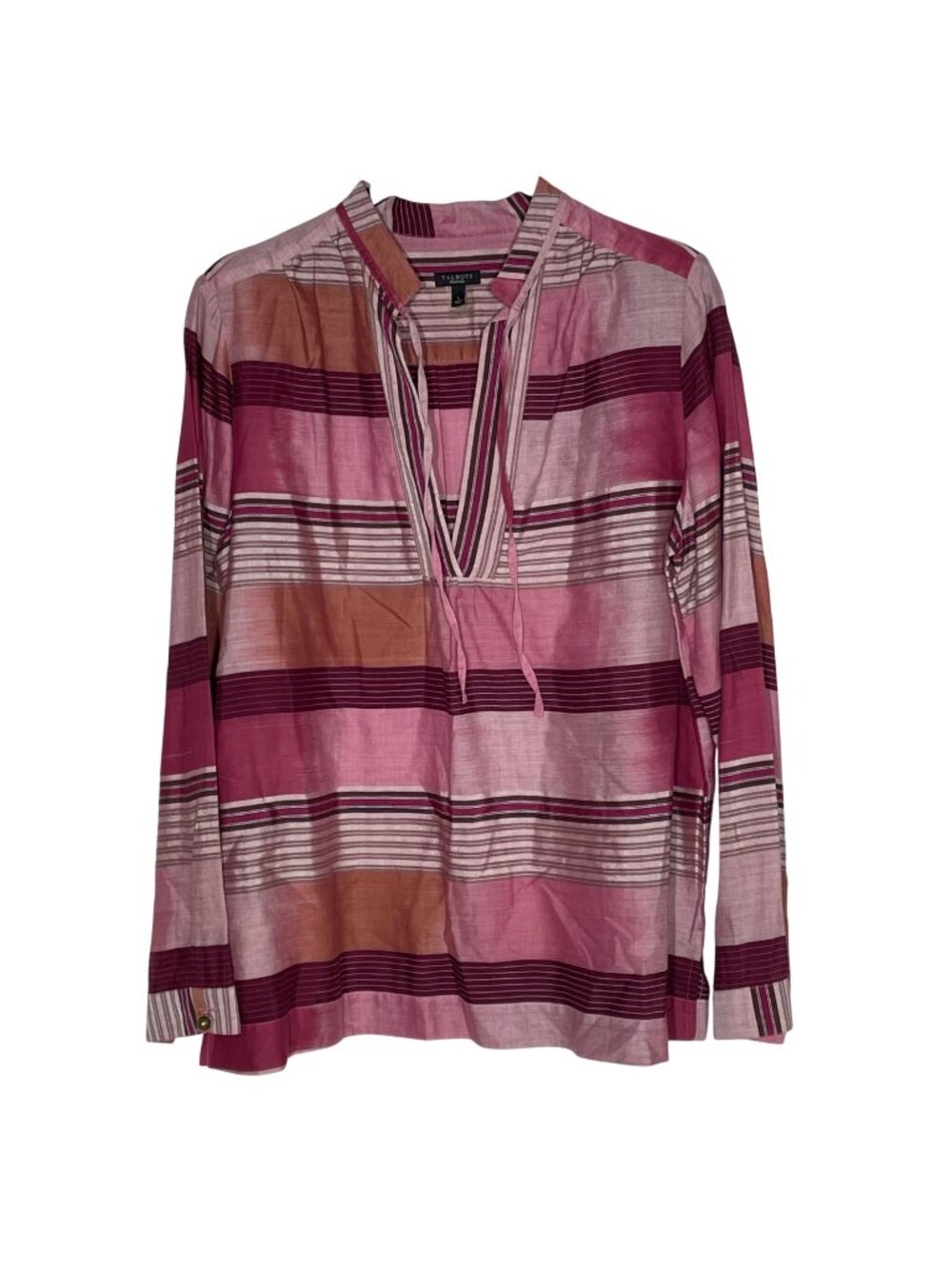 Talbots Striped Cotton Semi Sheer Tie Neck Popover Top Sz LG Coverup Wide Sleeve